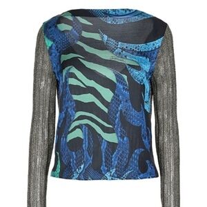 Just Cavalli Blue Green Printed Long-Sleeve Top